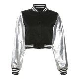 Women Summer Patchwork Pu Leather Long Sleeve Button Down Letter Embroidered Jacket