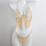 Women Sexy Rhinestone Bikini Bra Shiny Tassel Body Chain