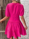 Women Summer Solid Skirt V-neck Half-Sleeve Dress Women
