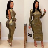 Women Summer Solid Round Neck Long Sleeve Bodycon Backless Maxi Dress