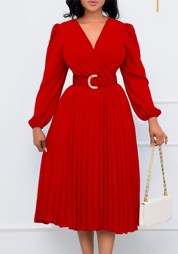 Artı Boyutu Kadın Uzun Kollu V Yaka Pileli Maxi Elbise
