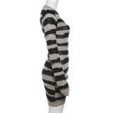 Summer Ladies Round Neck Striped Long Sleeve Bodycon Dress