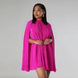 Women Solid Pleated Shawl Sleeve Dress