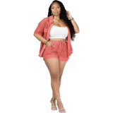Women Hollow Solid Loose Short Sleeve Shirt and Shorts Two-piece Set