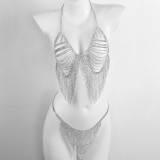 Women Sexy Rhinestone Bikini Bra Shiny Tassel Body Chain