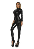 Women Zipper Pu-Leather Sexy Jumpsuit