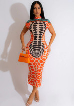 Frauen-Sommer-Art-Druck-Rollkragenpullover, sexy, figurbetontes Kleid