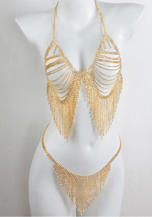 Women Sexy Rhinestone Bikini Bra Shiny Tassel Body Chain