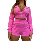 Women's Autumn Solid Velvet Hooded Long Sleeve Tight Fitting Two Piece Tracksuit