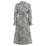 Fall Winter Ladies Chic Leopard Stand Collar Tie Pleated Casual Midi Dress