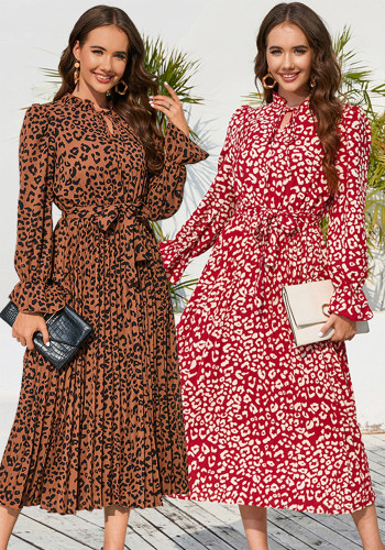 Sonbahar Kış Bayanlar Şık Leopar Standı Yaka Kravat Pileli Günlük Midi Elbise