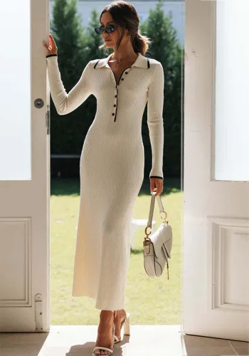 Fashion Turndown Collar Slim Fit Long Sleeve Knitting Dress