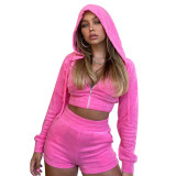 Women's Autumn Solid Velvet Hooded Long Sleeve Tight Fitting Two Piece Tracksuit