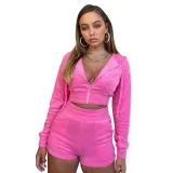 Women's Autumn Solid Velvet Hooded Long Sleeve Tight Fitting Two Piece Tracksuit