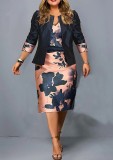 Cropped 3/4 Sleeve Top Plus Size Women's Career Dress Spring Fall Two-Piece Set