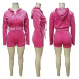 Women's Autumn Solid Velvet Hooded Long Sleeve Tight Fitting Two Piece Tracksuit
