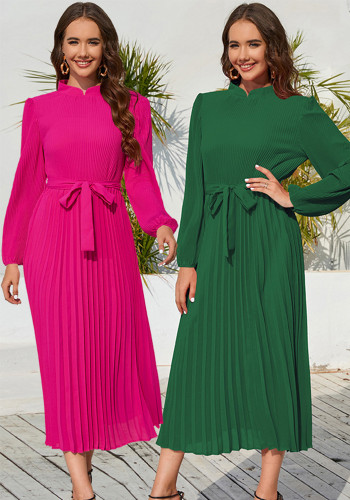 Herbst/Winter Schlankes Schickes Kleid Stehkragen Puffärmel Plissee Damenkleid
