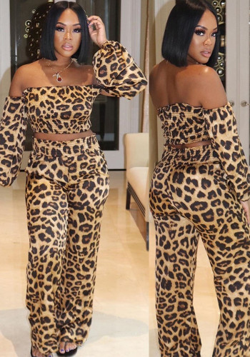 Damen-Kleidung, sexy Leopardenmuster, schulterfrei, langärmelig, zweiteiliges Hosen-Set