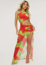 Women's Summer Sexy Print Mesh Slash Shoulder Slit Slim Long Dress