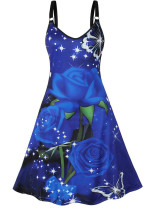 Women's Blue Rose Floral Print Sexy Straps Plus Size Loose Low Back Dress