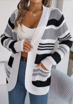 Autumn/Winter Casual Contrasting Striped Pocket Long Sleeve Knitting Women's Cardigan Jacket