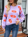 Fall Winter Women's Lips Sweater Round Neck Stylish Pullover Knitting Shirt