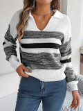 Autumn/Winter Casual Turndown Collar Color Contrast Stripe Long Sleeve Pullover Knitting Top Women's Clothing