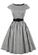 Plus size feminino sem mangas cintura alta preto e branco xadrez vintage vestido evasê com cinto