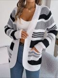 Autumn/Winter Casual Contrasting Striped Pocket Long Sleeve Knitting Women's Cardigan Jacket