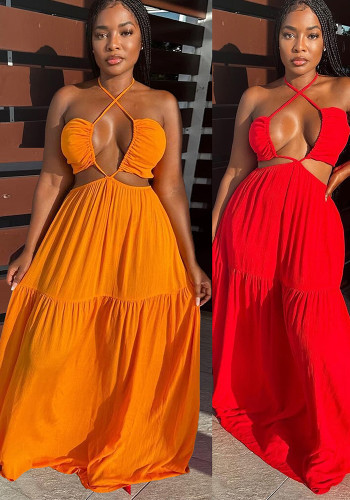 Sexy effen kleur gekruiste kanten maxi-jurk met halterhals