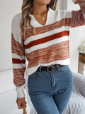 Autumn/Winter Casual Turndown Collar Color Contrast Stripe Long Sleeve Pullover Knitting Top Women's Clothing