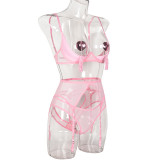 Sexy Open Chest With Nipple Stickers Sexy See-Through Mesh Four-Piece Lingerie Set Female
