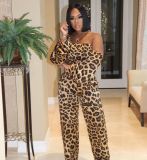 Women's Clothes Sexy Leopard Print Off Shoulder Long Sleeve Two Piece Pants Set