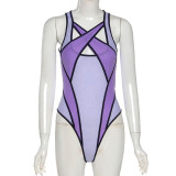 Women Summer Color Contrast Patchwork Mesh Sexy See-Through Cutout One Piece Swimsuit