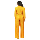 Women Clothing Fall Turndown Collar Long Sleeve Pleated Wide Leg Jumpsuit With Belt