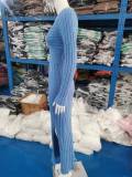 Women Cutout Round Neck Solid Long Sleeve Slit Dress