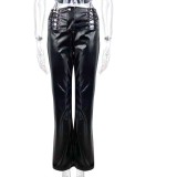 Women Sexy Halter Neck Lace-Up Top and Pu-Leather Pants Two-Piece Set