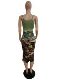 Women Sleeveless Top and Denim Patchwork Pocket Camouflage Skirt Two-Piece Set