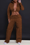 WomenCasual Backless Lace-Up Long Sleeve Top and Pocket Pants Two-Piece Set