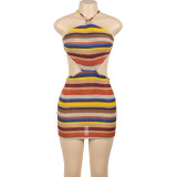 Women Summer Stripe Halter Neck Tie Bodycon Dress