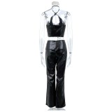 Women Sexy Halter Neck Lace-Up Top and Pu-Leather Pants Two-Piece Set