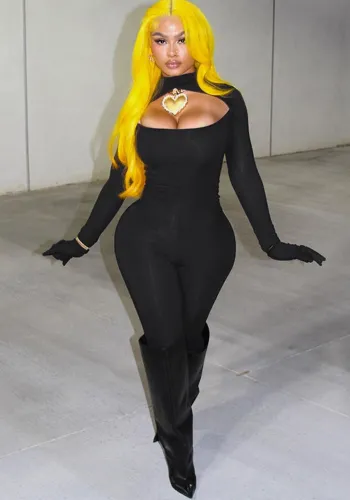 Women Autumn Sexy Hollow Finger Cover Solid Jumpsuit