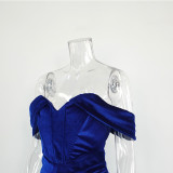 Women Vintage Off Shoulder Velvet Irregular Slit Pleated Dress