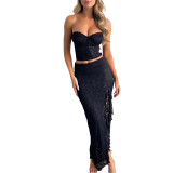Women Summer Sexy Crop Top and Irregular Slit Skirt Two-piece Set