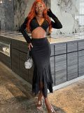 Women Solid Long Sleeve Top and Maxi Irregular Mermaid Skirt Two-Piece Set
