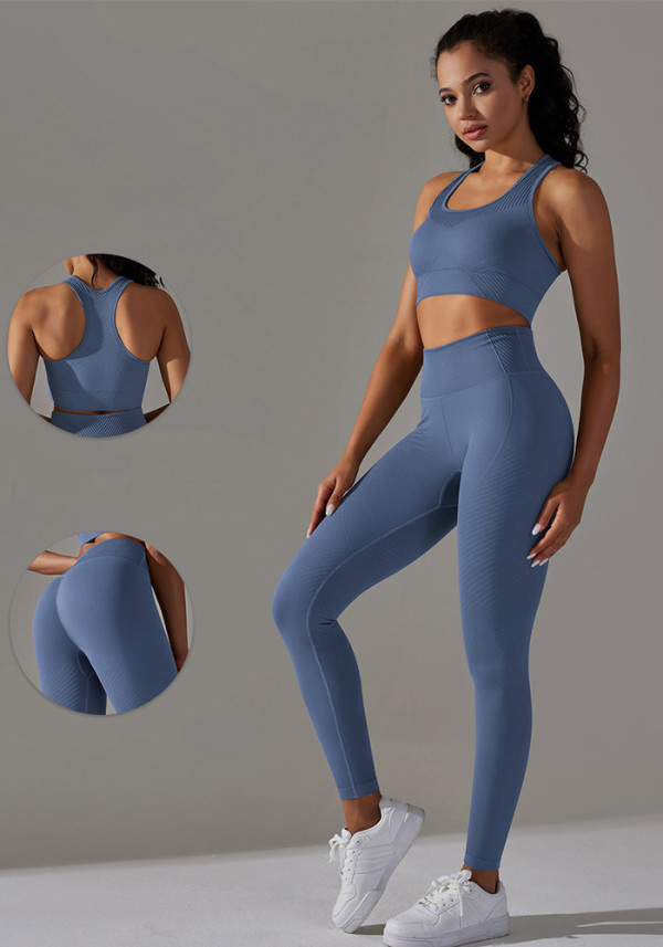 Women Seamless Solid Stripe Stretch Yoga Wear Sports Fitness Tank Top Trousers Two-Piece Set