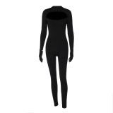 Women Autumn Sexy Hollow Finger Cover Solid Jumpsuit