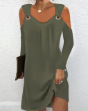 Women Fall Solid Metal Buckle V-Neck Button Dress