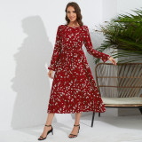 Women Ruffle Pleated Round Neck Floral Dress