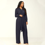 Women Clothing Fall Turndown Collar Long Sleeve Pleated Wide Leg Jumpsuit With Belt